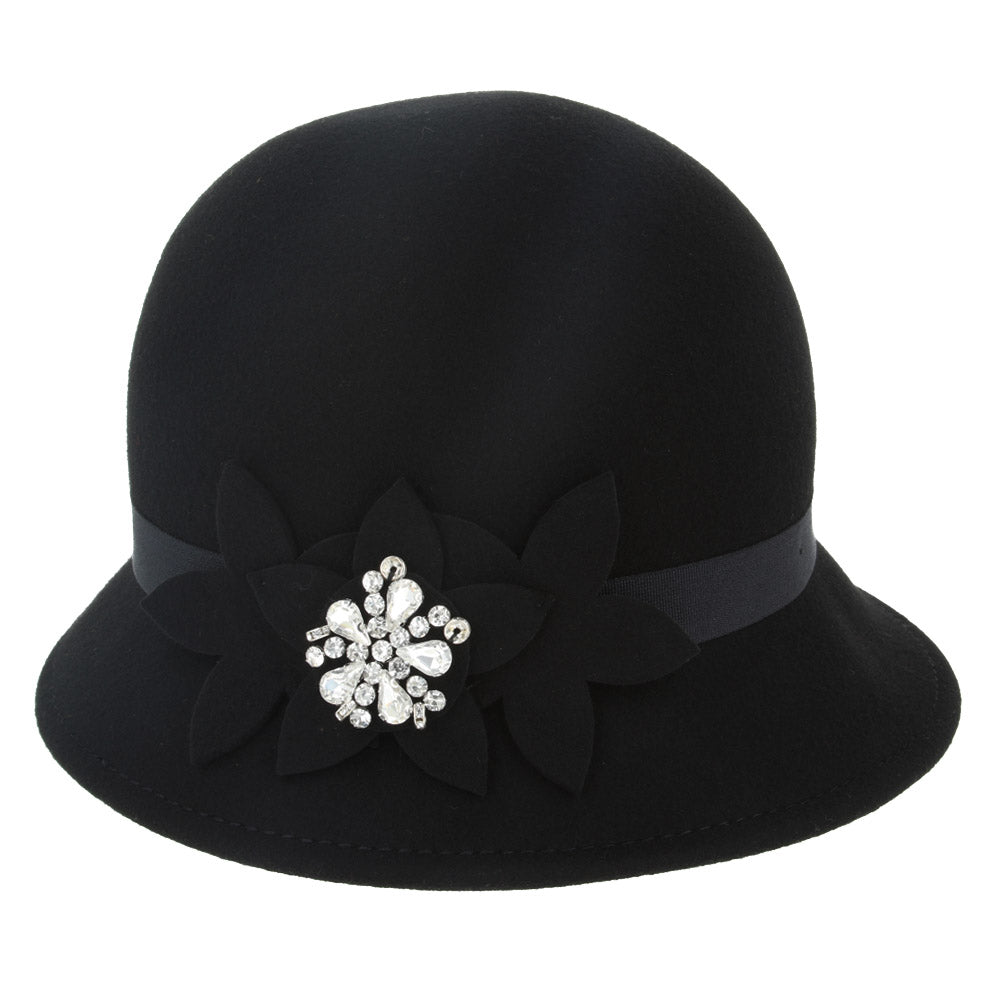 Chic Vintage Wool Cloche Hat With Flowers and Rhinestones