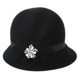 Chic Vintage Wool Cloche Hat With Flowers and Rhinestones