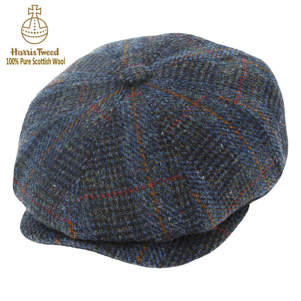 Dark Blue Houndstooth Overcheck Harris Tweed 100% Pure Wool Newsboy Cap