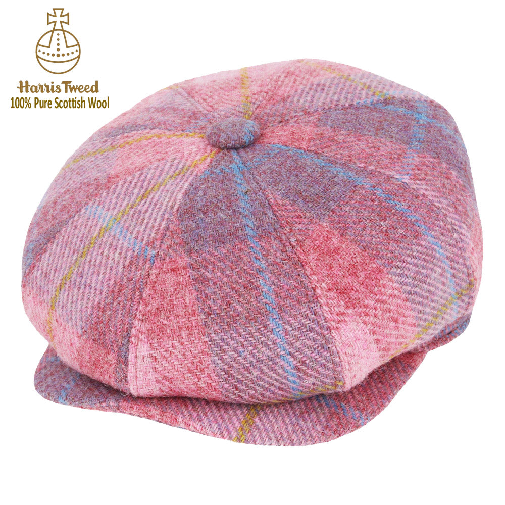 Light Pink Overcheck Harris Tweed 100% Pure Wool Newsboy Cap