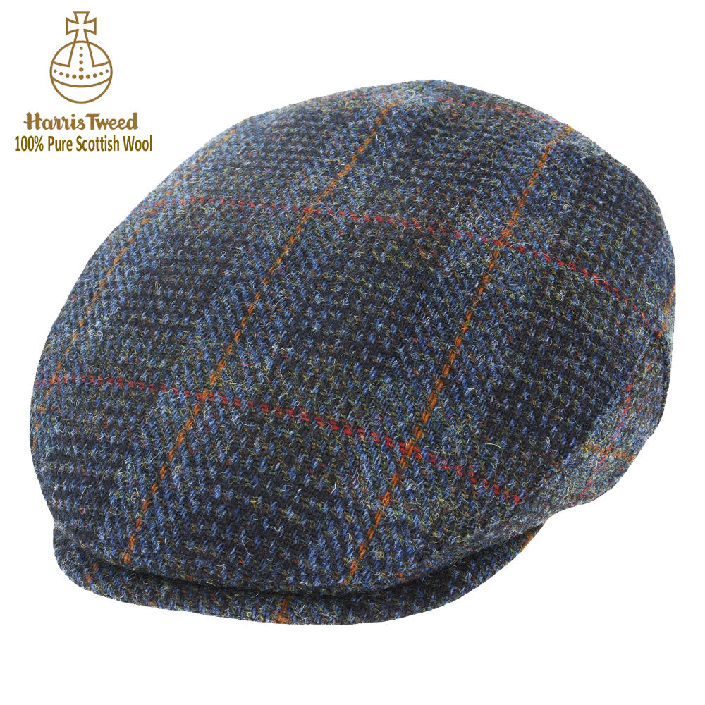 Dark Blue Houndstooth Overcheck Harris Tweed 100% Pure Wool Flat Cap
