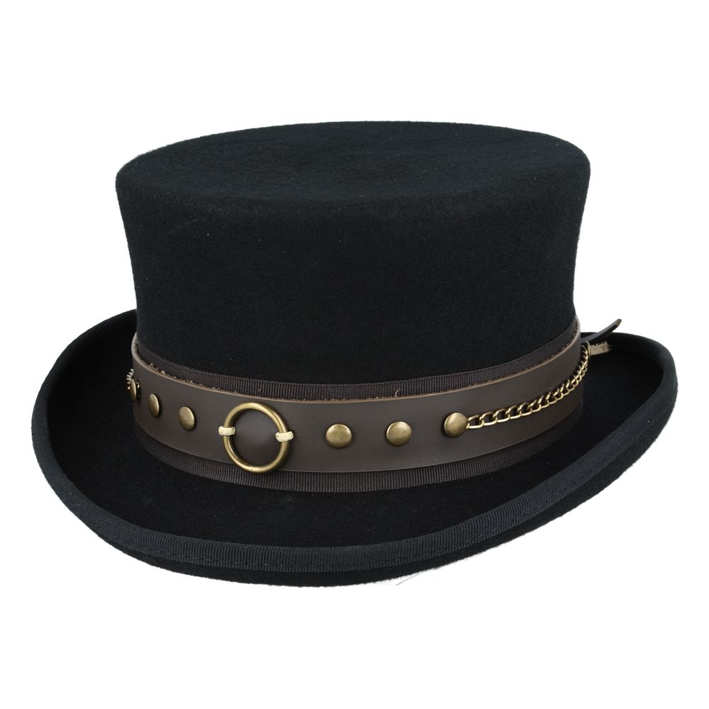 Gothic Dressage Steampunk Top Hat With Laced Brown Leather Band - Black