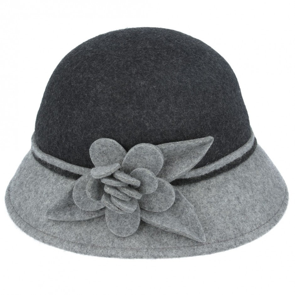 Maz Ladies Chic Vintage Two Tone Wool Cloche Hat With Flower - Black-Grey