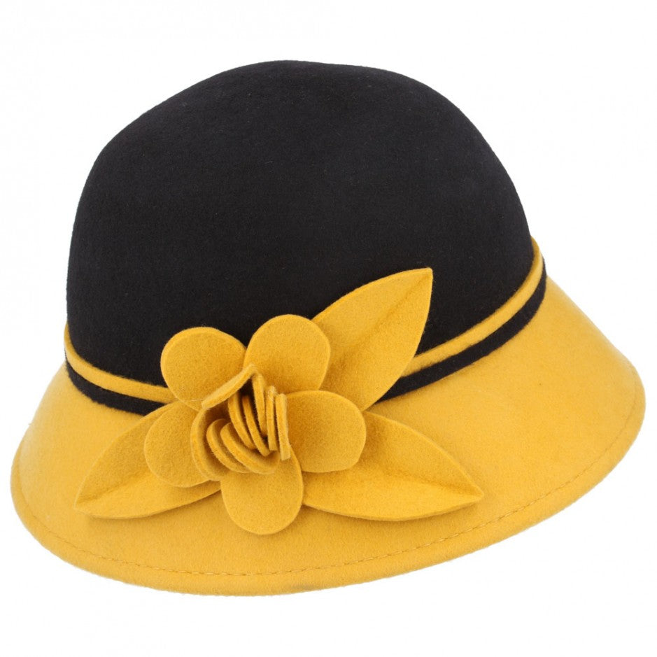 Maz Wool Two Tone Cloche Hat With Flower At The Side - Brown-Mustard