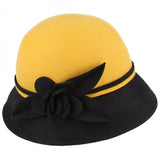 Maz Wool Two Tone Cloche Hat With Flower At The Side - Mustard-Brown