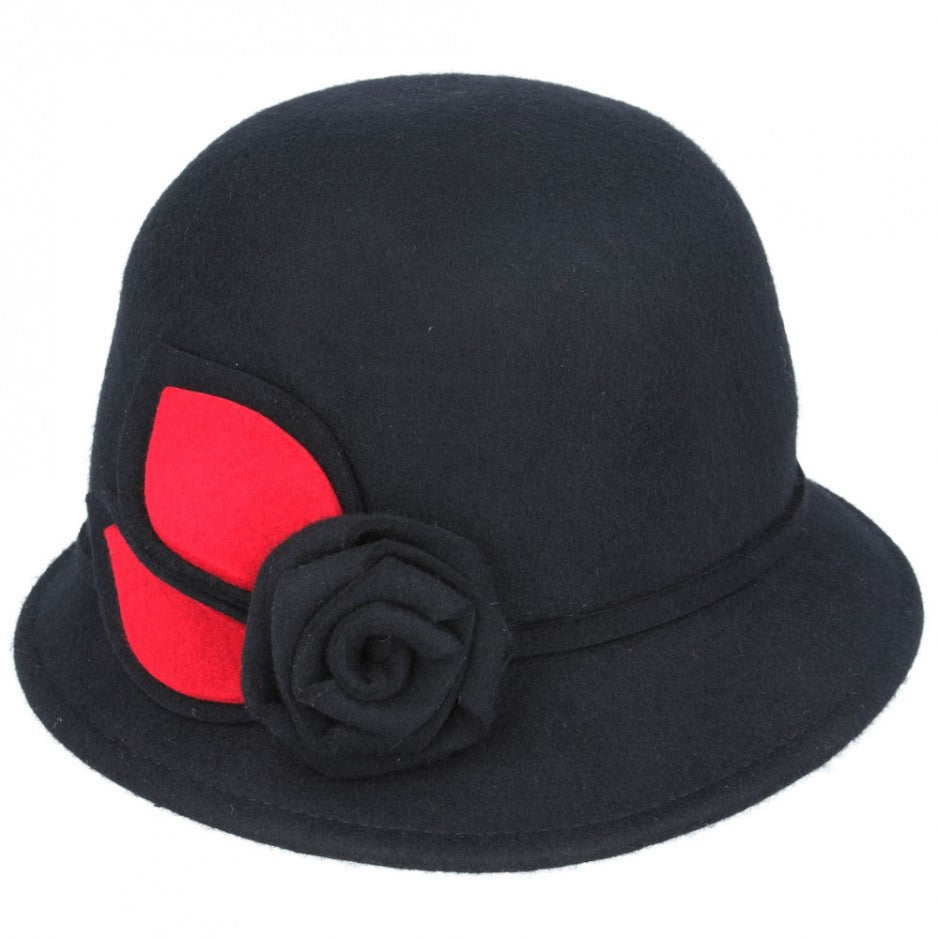 Maz Vintage Wool Cloche Hat With Flower & Belt Around - Black