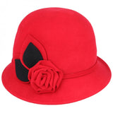 Maz Vintage Wool Cloche Hat With Flower & belt Around - Red