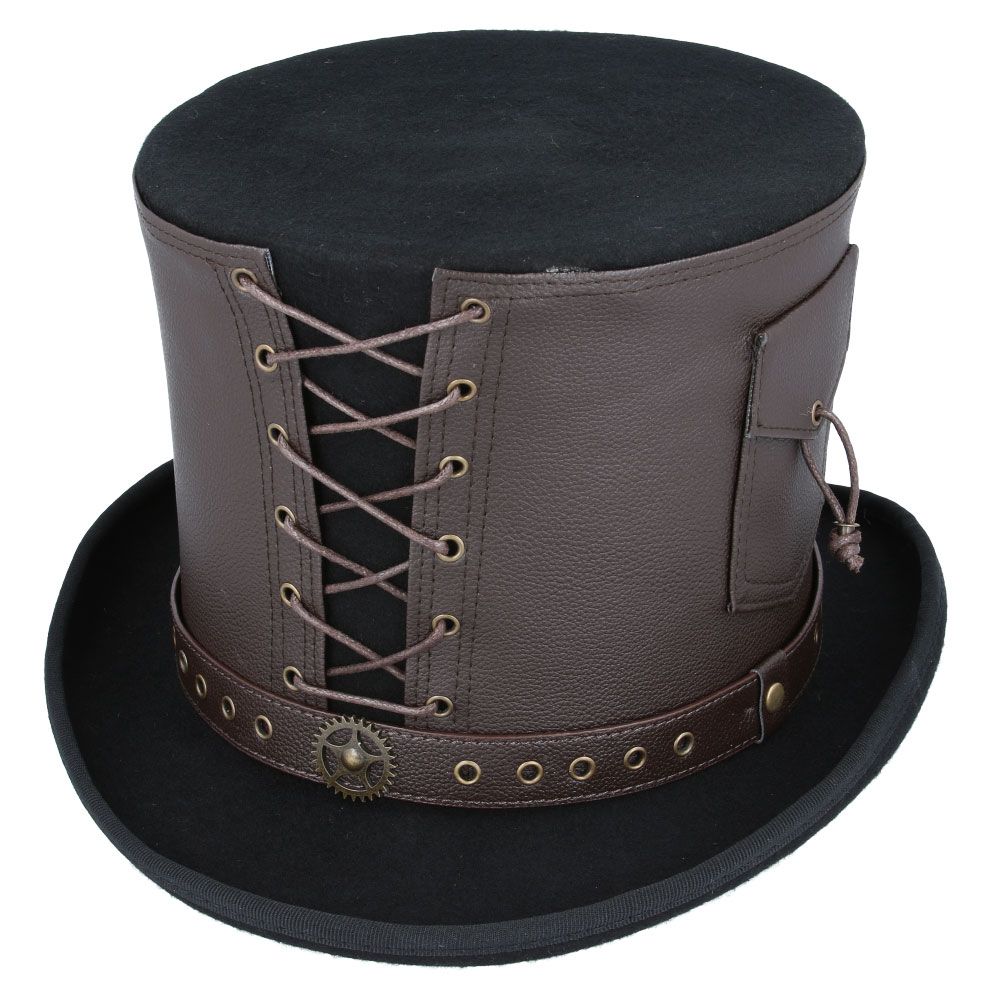 Maz Steampunk Top Hat With Laced Brown Leather Look Band - Black-Brown